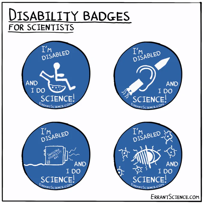 4 Cartoon disability stickers depicting mobility, vision, hearing and invisible disabilities