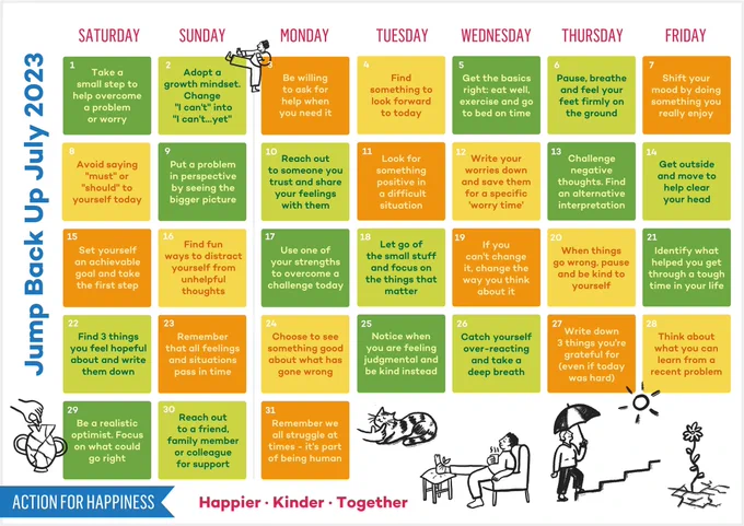 This month, @ActionHappiness have created the Jump Back Up July calendar. Each day there is a small task to help boost your mood, promote positivity and get you thinking in a more productive and positive way. The colour theme is green, yellow and orange
