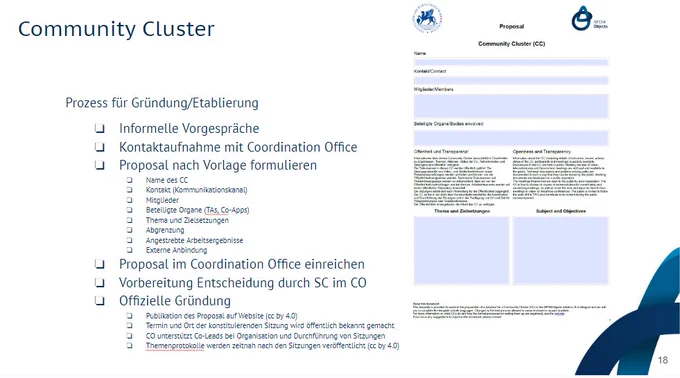 Screenshot einer Präsentationsfolie mit Einzelheiten zur offiziellen Einrichtung eines Community Cluster in nfdi4objects