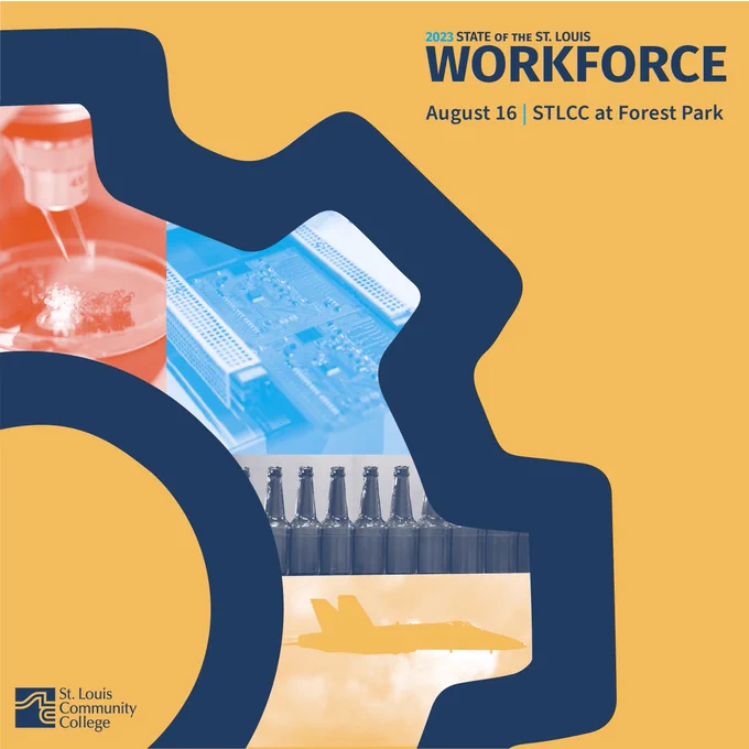 A yellow graphic with a mechanical gear. The graphic reads, "2023 State of the St. Louis Workforce, August 16, STLCC at Forest Park."