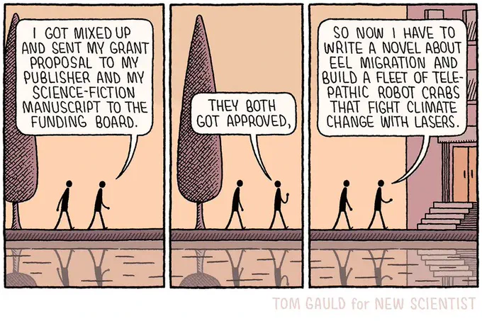 Two figures walk towards a building. One says to the other: “I got mixed up and sent my grant proposal to my publisher and my science-fiction novel to the funding board. They both got approved. So now I have to write a novel about eel migration and build a fleet of telepathic crabs that fight climate change with lasers.”
