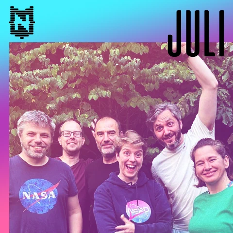 Visual voor de Nerdland podcast van juli 2023: Kurt, Jeroen, Peter, Hetty, Lieven, Els