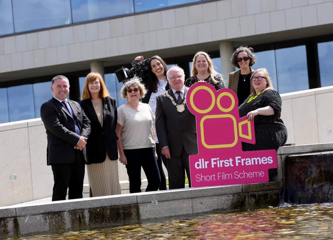 Photograph from the launch of dlr First Frames short film scheme 2023 featuring Vanessa Gildea, Aiden Blighe, Therese Langan and Cathaoirleach, Cllr. Denis O’Callaghan