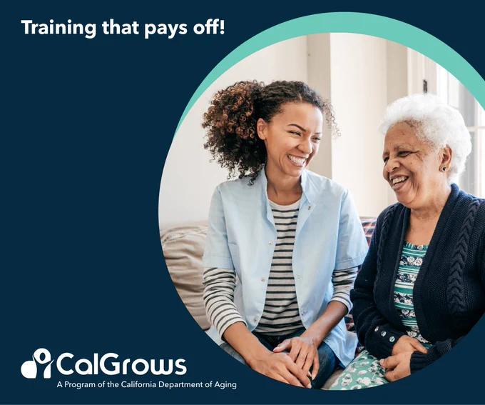A 30-year-old Black woman sits next to an elderly Black woman on a couch, both are laughing. 

Text above the image reads: “Training that pays off!” 