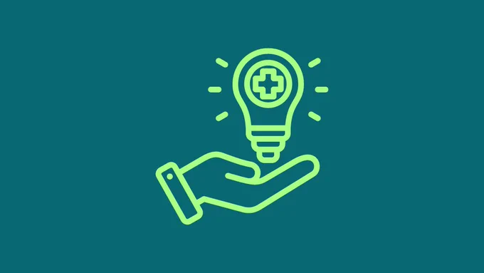 Graphics shows hand holding a levitating light bulb with a cross inside.