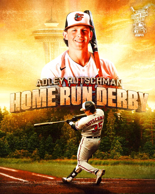 Adley Rutschman | Home Run Derby 

The photo features two separate photos of Adley. One is him swinging the bat with the woods in the background. The other is a headshot of him holding a bat up to his shoulder, smiling. The Space Needle is in the background of the image. 