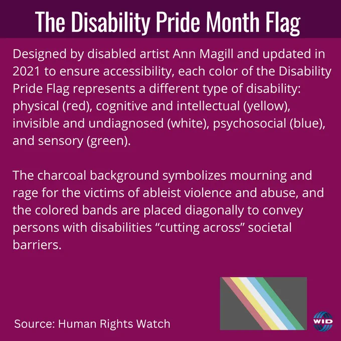    The charcoal background symbolizes mourning and rage for the victims of ableist violence and abuse, and the colored bands are placed diagonally to convey persons with disabilities “cutting across” societal barriers. 