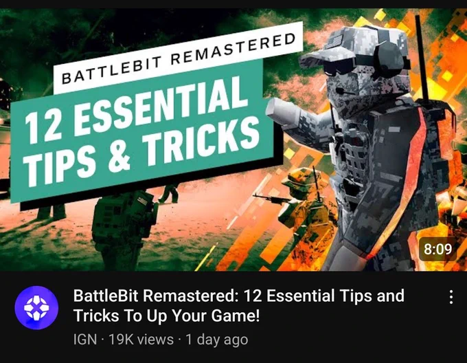 YouTube Thumbnail with title "12 Essential Tips & Tricks" for BattleBit Remastered. Features a BattleBit soldier on the right portion of the frame, and the title on the left.