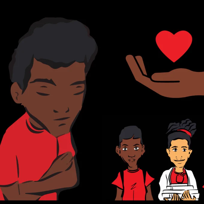 White background with graphic representation of four children. The child in the foreground is Black with arms crossed and eyes closed wearing a red t-shirt. Three youth of color stand next to each other in the background. Above them is a Black person's hand facing palm upward with a red heart floating above.