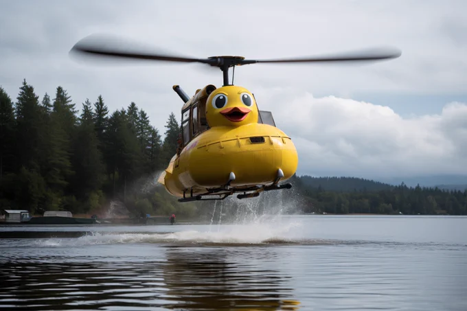 Rubber duck helicopter, midair, landing, photograph  --ar 3:2 