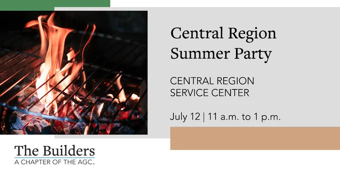 Infographic with Central Region Summer Party details and an image of fire on a grill.
