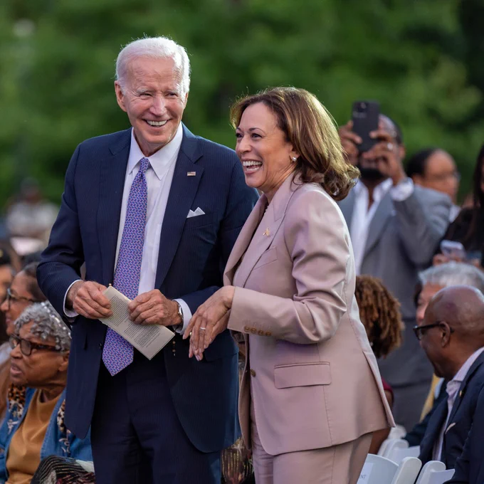 President Biden and Vice President Harris are pictured at a celebration of Juneteenth on the South Lawn of the White House.
