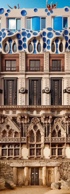 photo of a building facade in the style of (desired style) --no sky roof people (first and last generation may vary a bit for including people as you prefer..)