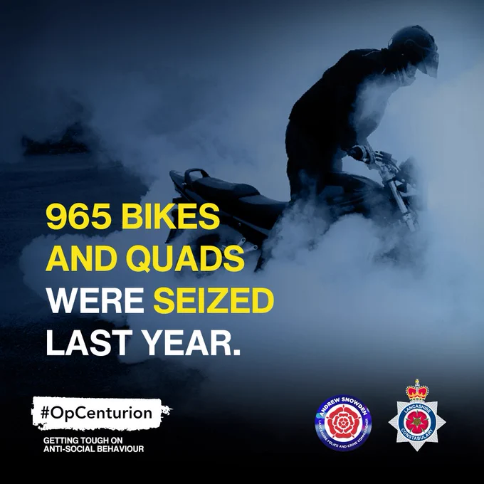 Image of person on a bike
Logos of Lancashire Police and Lancashire Police and Crime Commissioner
#OpCenturion
965 bikes and quads were seized last year