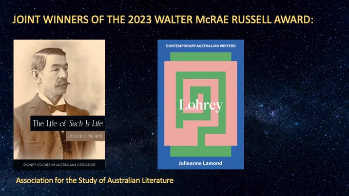 An image showing a starry sky, and the covers of the two award-winning titles.