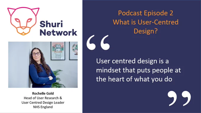 Photo of Rochelle Gold, Head of User Research & User Centred Design Leader at NHS England, with a quote "User Centred Design is a mindset that puts people at the heart of what you do".
