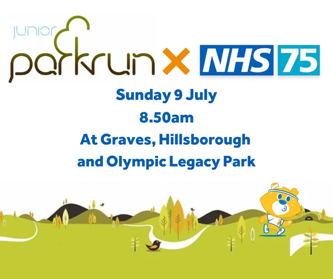 We're teaming up with parkrun for a very special event on Sunday 9 July at 8.50am. Join us at Graves Park, Olympic Legacy Park and Hillsborough Park!

A graphic of Theo the bear running