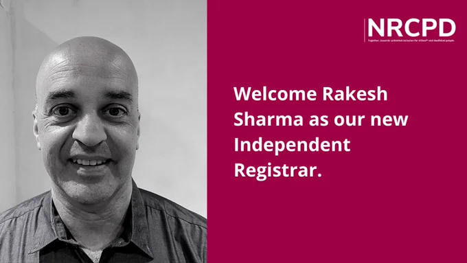 A black and white photo of Rakesh, with white text in front of a red/pink background saying: 'Welcome Rakesh Sharma as our new Independent Registrar'.