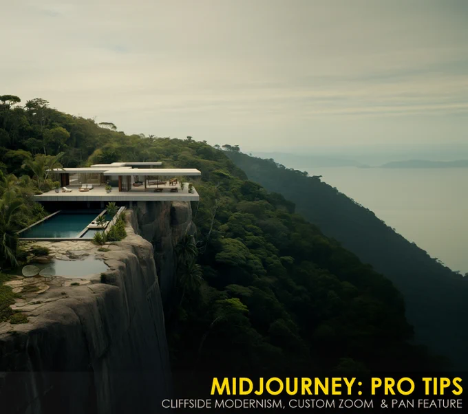1-Prompt

an aerial direct pool shot of symmetric outdoor house house built with a swimming pool and outdoor livingroom on top of a cliff in brazil, in the style of modernist architecture and large openings, goro fujita, outdoor scenes, luxurious, monumental scale, synthetism-inspired, sublime wilderness, bauhaus and spanish school, panoramic scale, structural symmetry --ar 21:9

2-Custom Zoom: 

Now, we are upgrading output with custom zoom without changing prompt. We just changed ratio --ar 21:9 to --ar 3:4

3-Pan Right:

For this step we choose pan right to get asymmetric compositions! Now we have our banner for thread.




