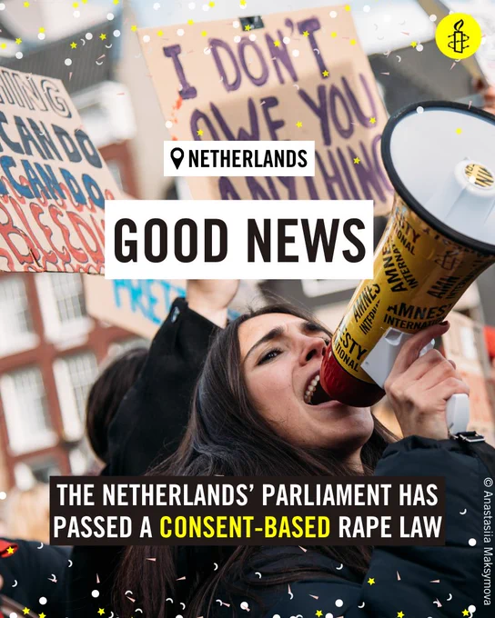 Image: Woman at a protest shouting into a megaphone.
Text: Netherlands Good News - The Netherlands Parliament has passed a consent-based Rape Law