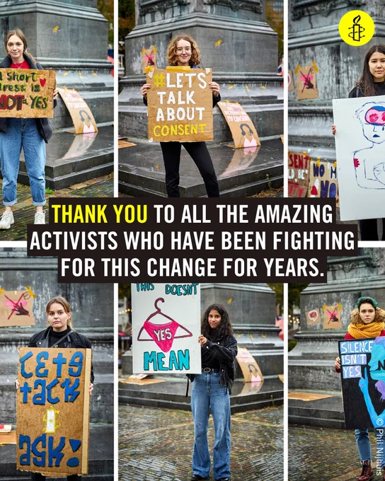 Four images: Activists holding placards with text such as 'Let's talk about consent'
Text: Thank you to all the amazing activists who have been fighting for this change for years.