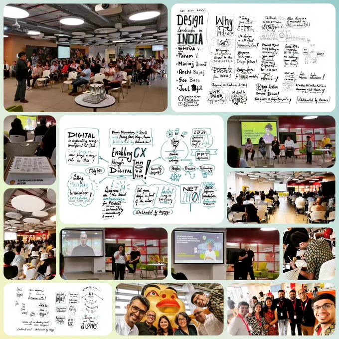 Collage of 3 sketchnotes and several photos from the Shell event.