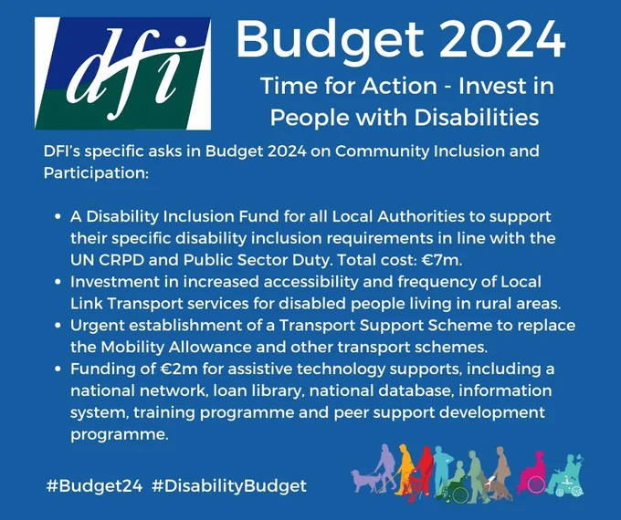Budget 2024 visual with our asks on independent living and being included as part of the community. We want: 
• A Disability Inclusion Fund for all Local Authorities to support their specific disability inclusion requirements in line with the UN CRPD and Public Sector Duty. Total cost: €7m.
• Investment in increased accessibility and frequency of Local Link Transport services for disabled people living in rural areas. 
• Urgent establishment of a Transport Support Scheme to replace the Mobility  Allowance and other transport schemes. 
• Funding of €2m for assistive technology supports, including a national network, loan library, national database, information system, training programme and peer support development programme