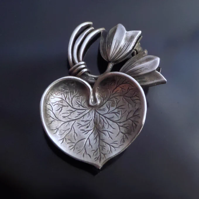 GEORG KAPLAN Scandinavian Sterling Brooch, Vintage Lilypad Tulip HEART Pin, Hallmarked Stockholm Sweden Ge-Ka-Smyckek
