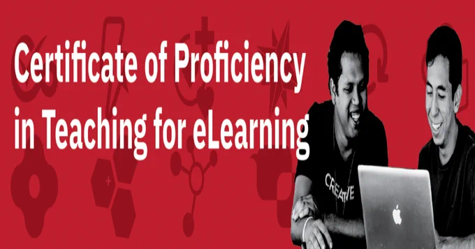 Certificate of Proficiency in Teaching for eLearning banner with two people staring at a laptop screen and a red background with various icons.