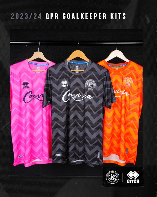 QPR’s three 2023/24 goalkeeper kits in a patterned anthracite effect (centre) and additional alternatives in a vibrant pink (left) and orange (right). 

On sale from Saturday! 