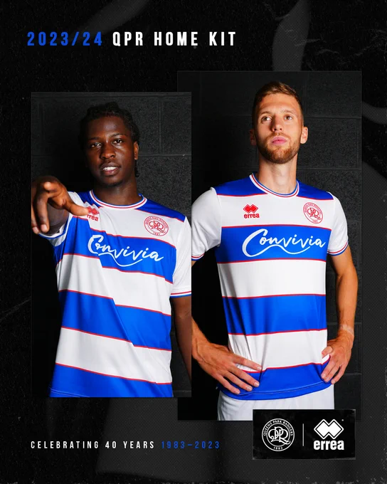 Taylor Richards (left) and Sam Field (right) modelling QPR’s new 2023/24 home kit. 

On sale from Saturday! 