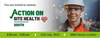 Action on Site Health South event poster. Woman in hard hat and eye protection.