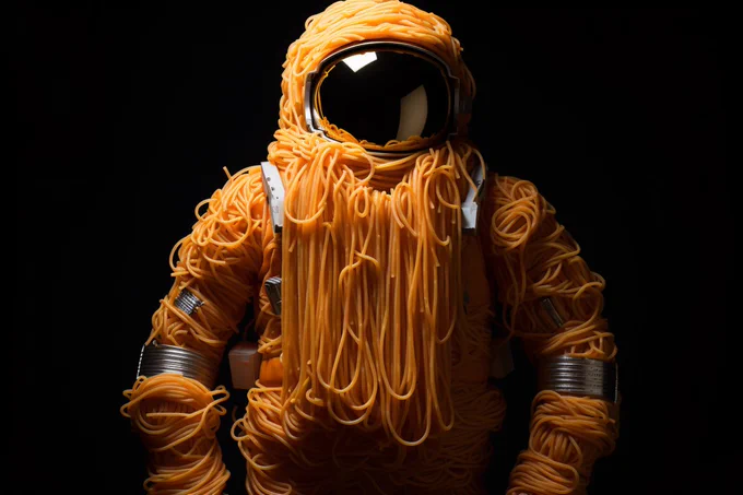 Real spacesuit made of [spaghetti], Canon EOS 5D, low angle full shot, black background --ar 3:2
