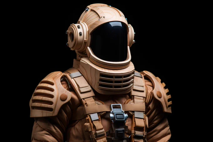Real spacesuit made of [oak], Canon EOS 5D, low angle shot, black background --ar 3:2 