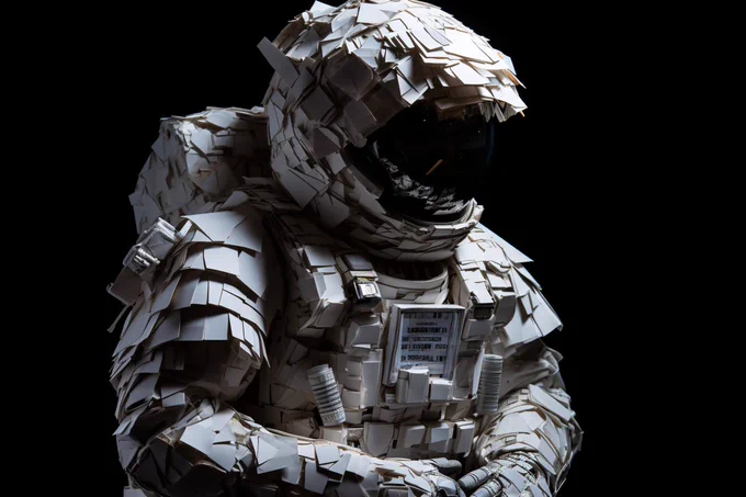Real spacesuit made of [folded paper], Canon EOS 5D, low angle shot, black background --ar 3:2