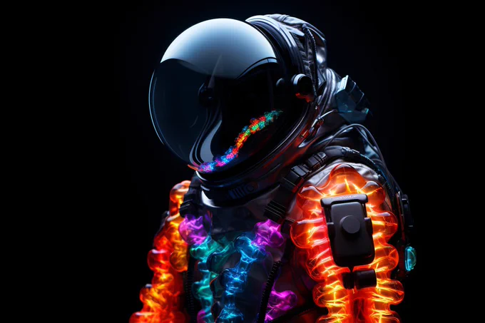 Real spacesuit made of [neon], Canon EOS 5D, low angle shot, black background --ar 3:2