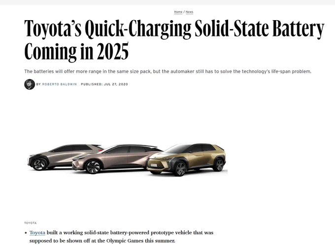 Home / News
Toyota's Quick-Charging Solid-State Battery Coming in 2025
The batteries will offer more range in the same size pack, but the automaker still has to solve the technology's life-span problem.
BY ROBERTO BALDWIN PUBLISHED: JUL 27, 2020
TOYOTA
• Toyota built a working solid-state battery-powered prototype vehicle that was supposed to be shown off at the Olympic Games this summer.