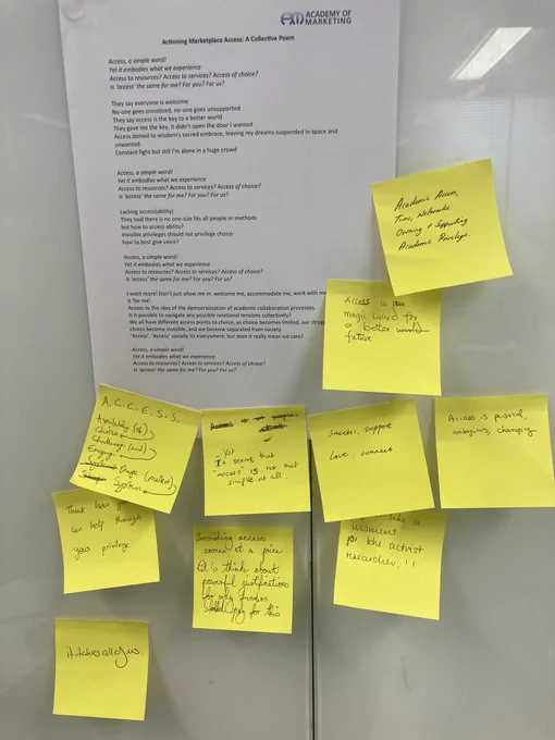 Image shows our collaboratively created Actioning Marketplace Access Poem created during our Masterclass in June 2023. Completed during our workshop today with a final verse shown via our individual post-it reflections!