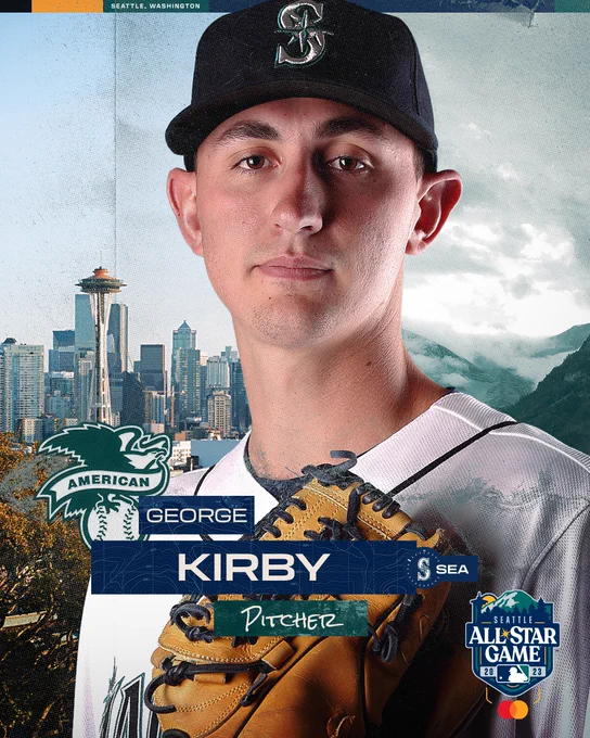 All-Star Game selection - George Kirby.
Pictured: Kirby poses with his glove on the left side of his chest in a home white Mariners uniform. The city of Seattle is in the background.
The 2023 All-Star Game is presented by Mastercard.