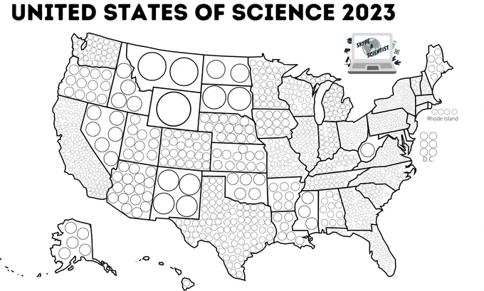 a black and white map of the USA with bubbles in each state. The number of bubbles in each state represents classrooms we've matched over the last year. 