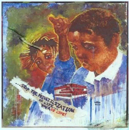 Painting by Wayne Curtis (Black Panther Party and James and Grace Lee Boggs Center).
"Stop the privatization of life... Water is life!"