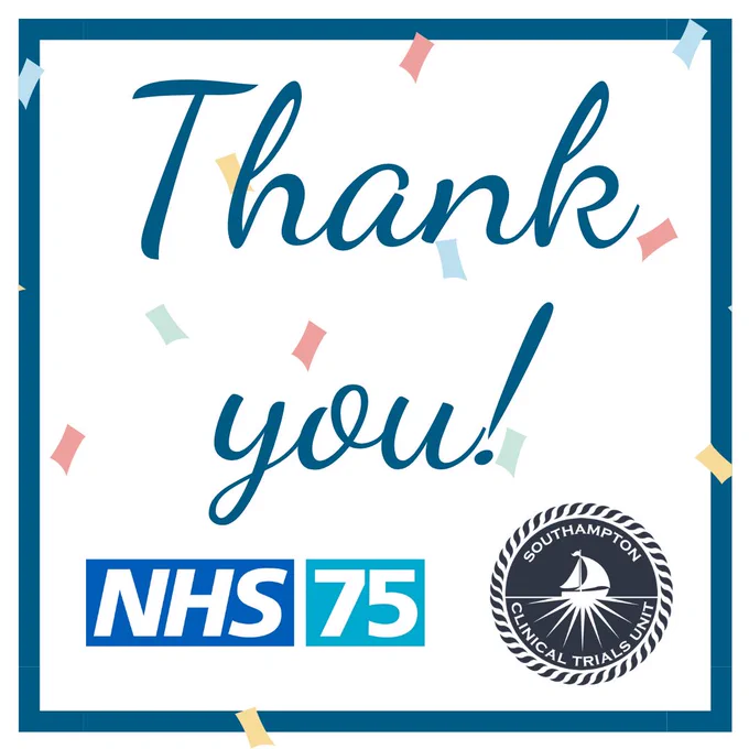 The words 'Thank you' against a background of confetti, with the NHS75 and Southampton Clinical Trials Unit logos.