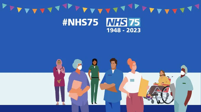 Graphic: blue background, text reads #nhs75 with anniversary dates 1948-2023 and illustrations of health workers and patients