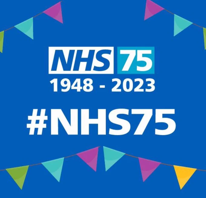 Bunting on blue background. Text says NHS 75 1948-2023. #NHS75