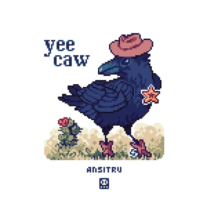 A pixel art piece of a crow on an arid plain, with a cactus in the background. The crow is wearing a cowboy hat, spurs, and a sheriff's badge.

In the top left of the image is the text "yee caw".