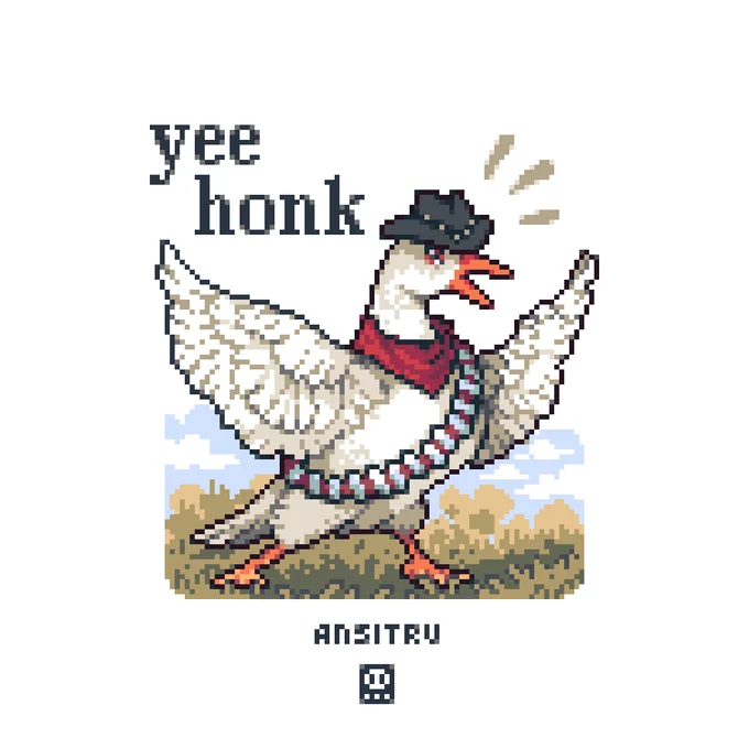 A pixel art piece of a goose with spread wings on a grassy background. The goose is wearing a cowboy hat, red bandana, and ammo belt. 

In the top left of the image is the text "yee honk".