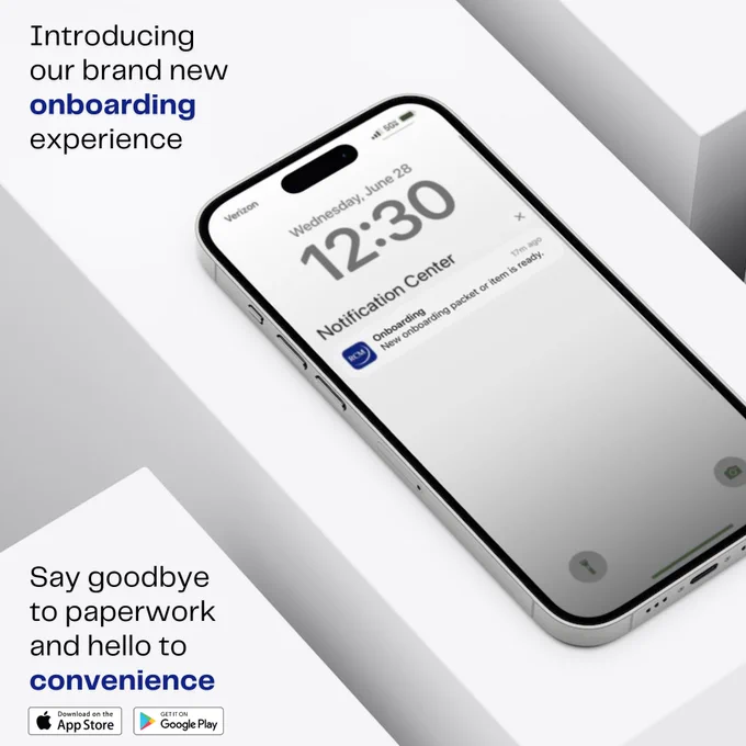 Notification on iphone, supporting text reads introducing our brand new onboarding experience. Say goodbye to paperwork and hello to convenience.