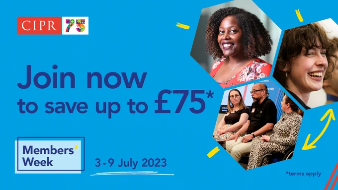 CIPR 75 logo. Join now to save up to 75 pound. Members' week. 3 to 9 July.