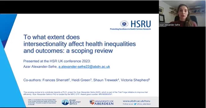 Screenshot of presentation titled 'To what extent does intersectionality affect health inequalities and outcomes: a scoping review'