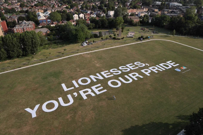 Message for the Lionesses visible from the air: Lionesses, You're Our Pride. 